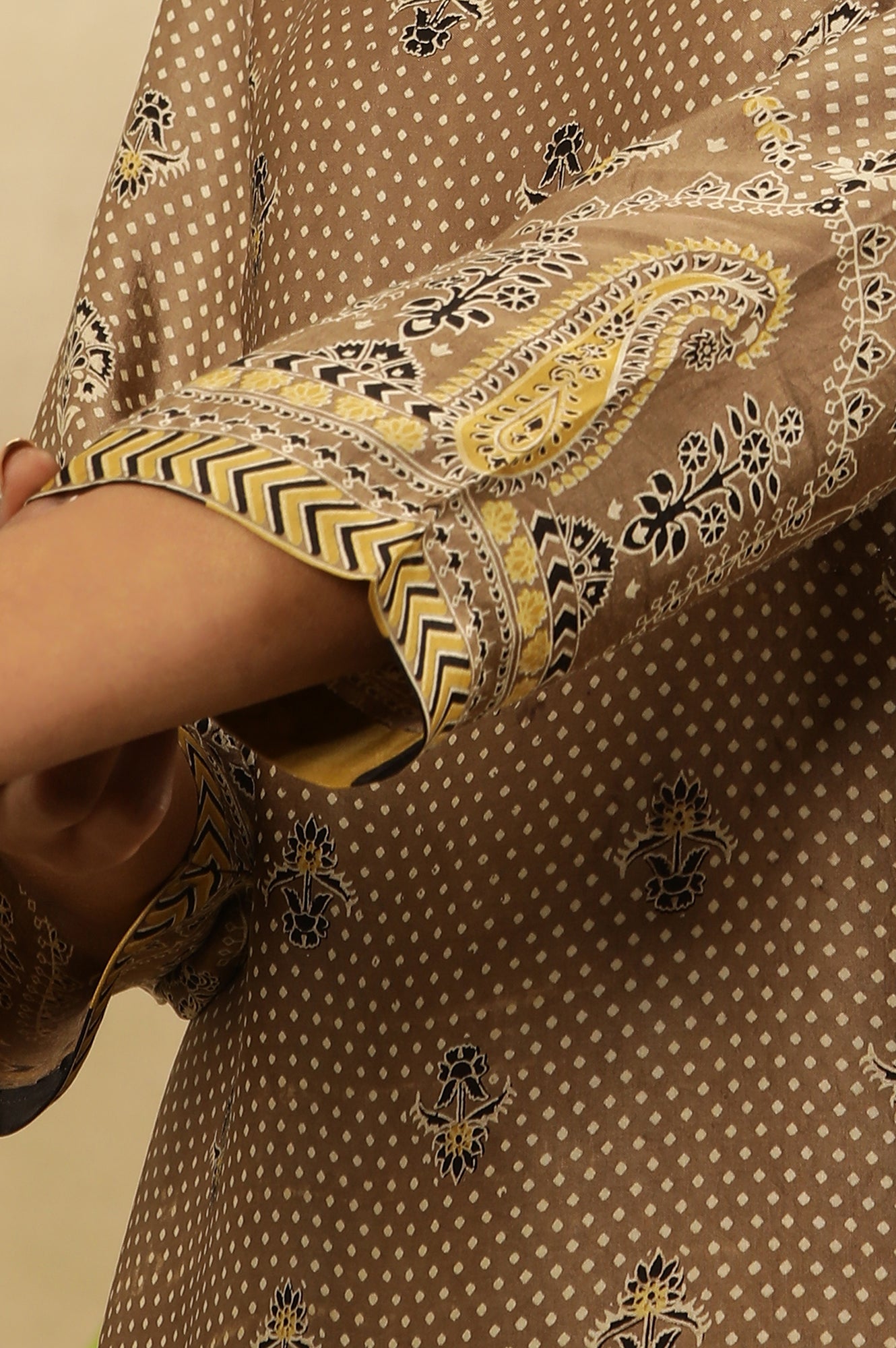 Brown All Over Booti Printed  Kurta In Lustrous Satin