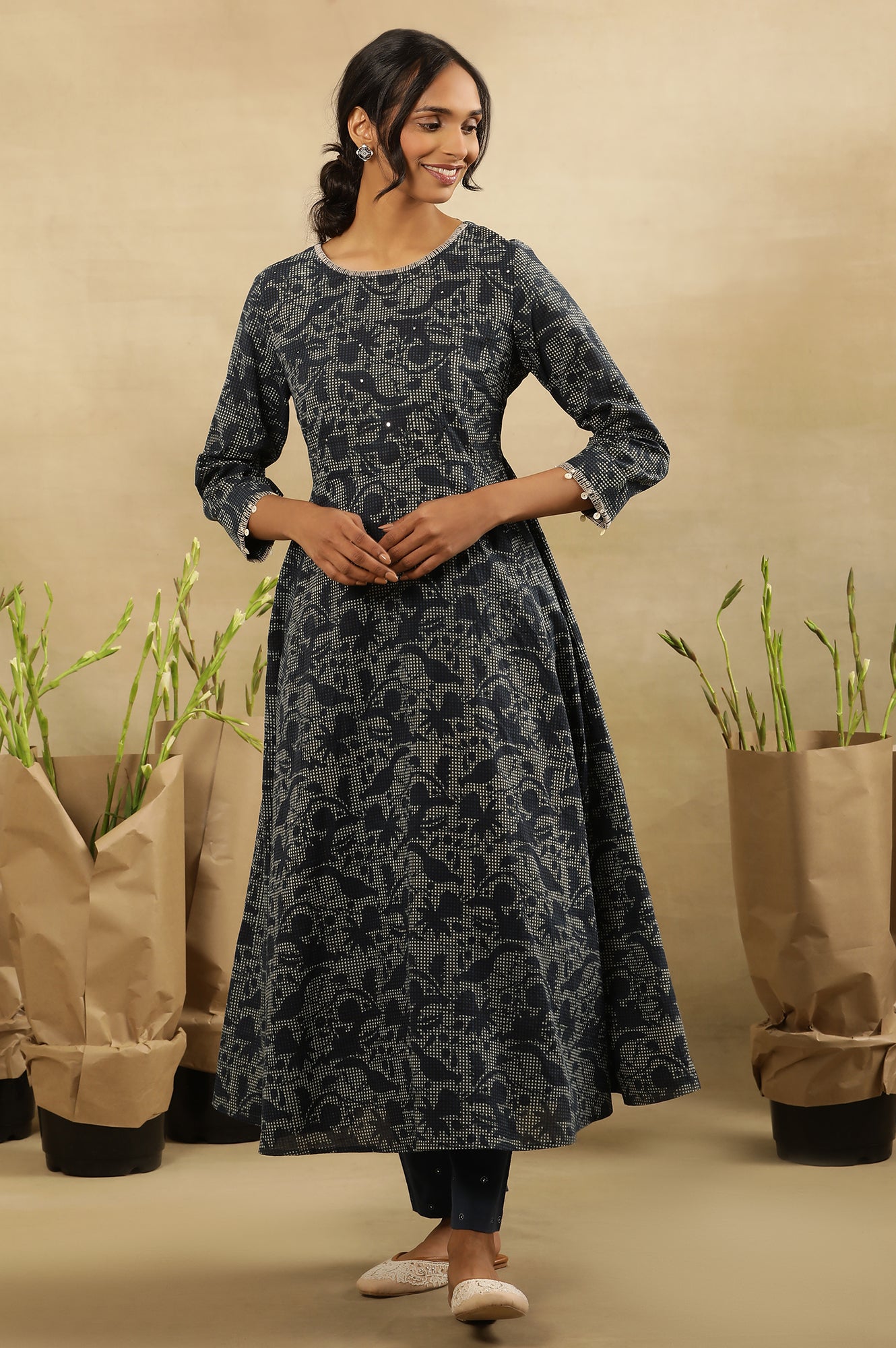 Indigo Hand Block Print Flared Kurta In Cotton Voile