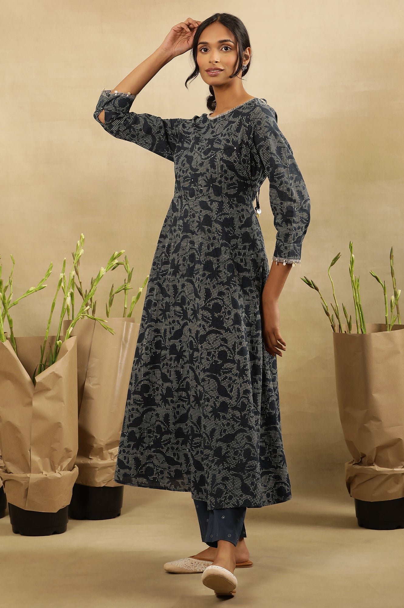 Indigo Hand Block Print Flared Kurta In Cotton Voile