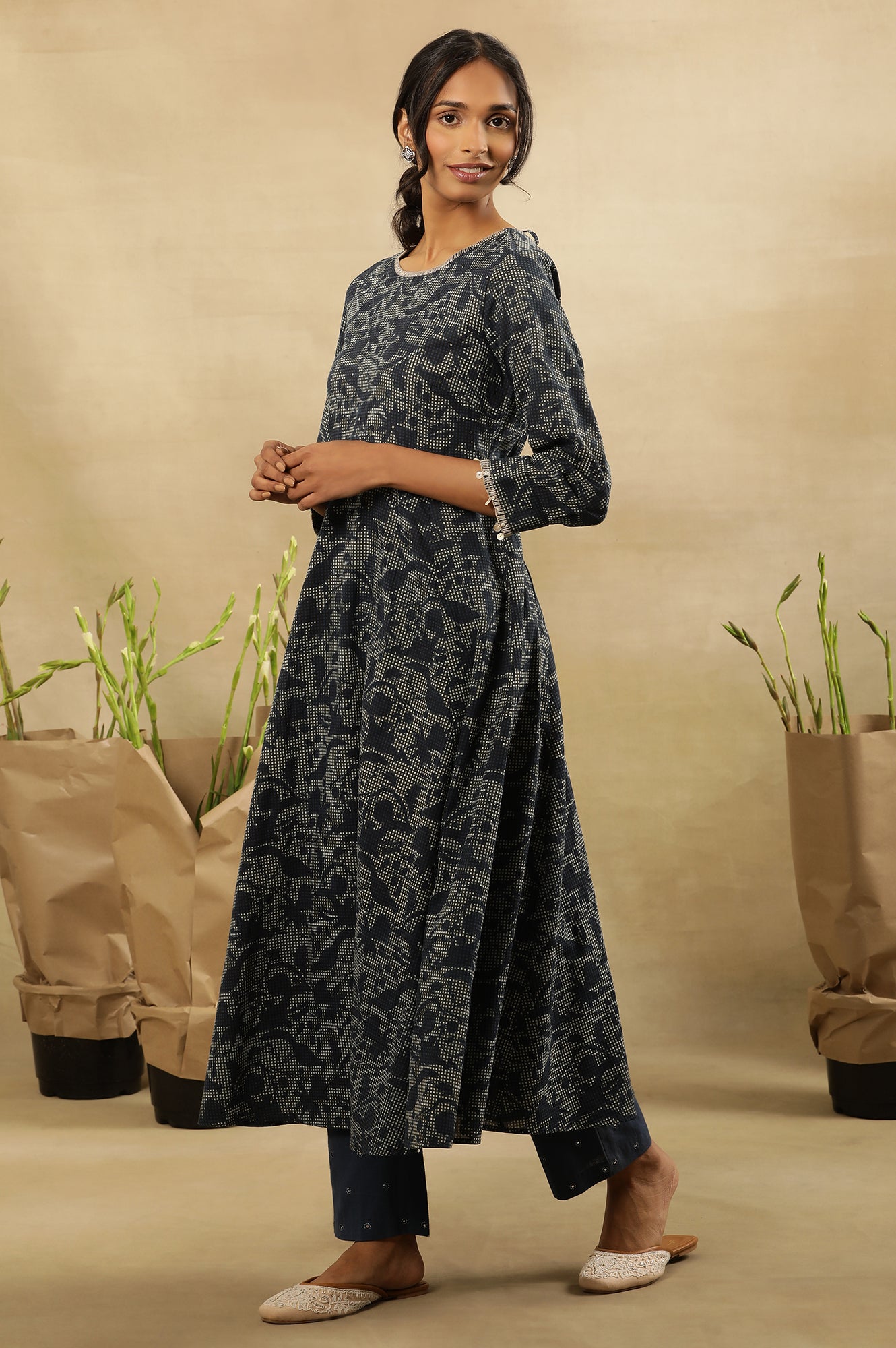 Indigo Hand Block Print Flared Kurta In Cotton Voile