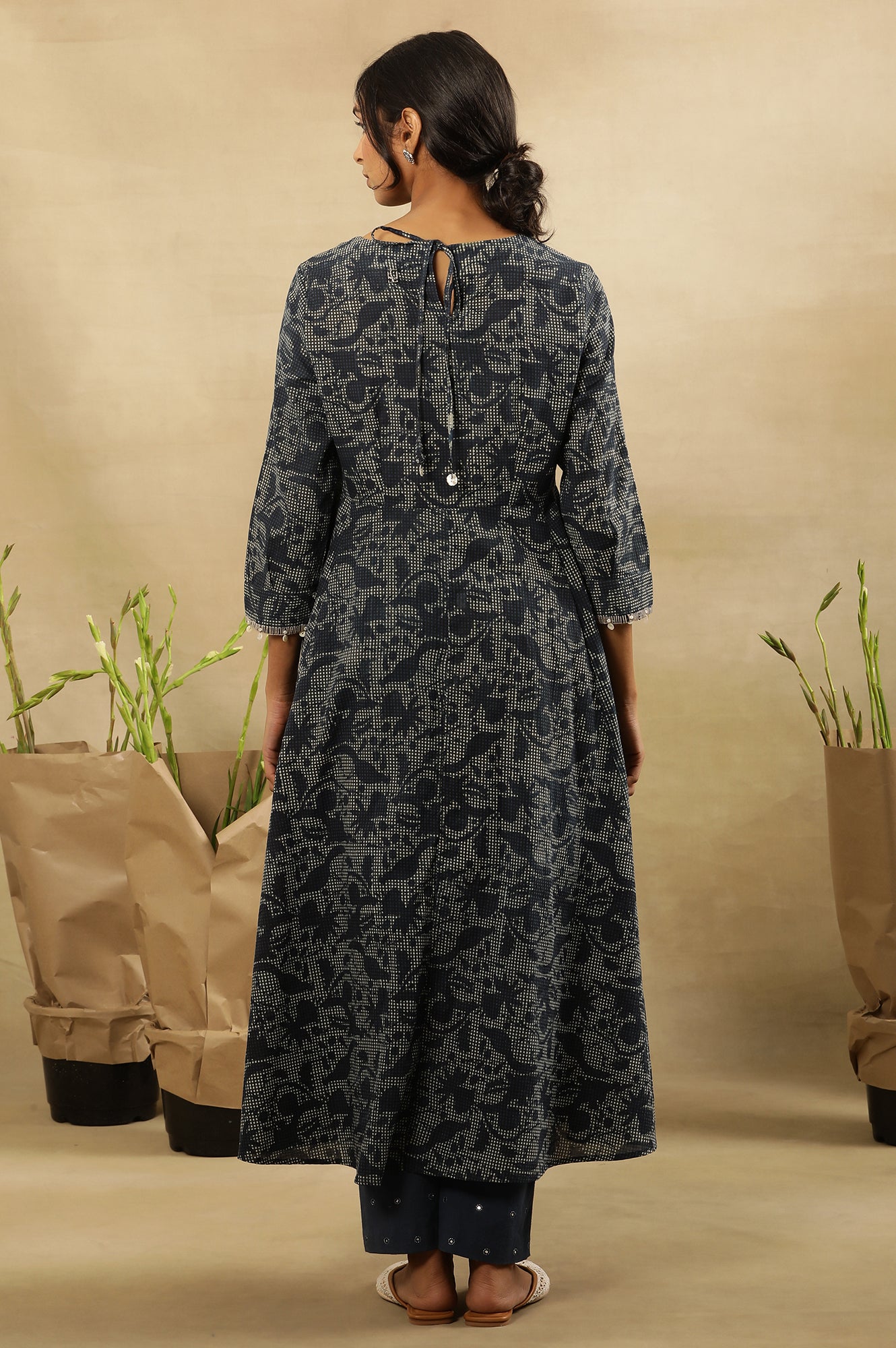 Indigo Hand Block Print Flared Kurta In Cotton Voile