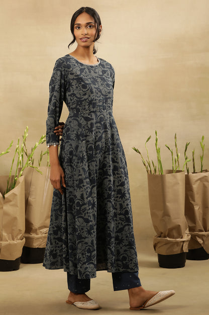 Indigo Hand Block Print Flared Kurta In Cotton Voile