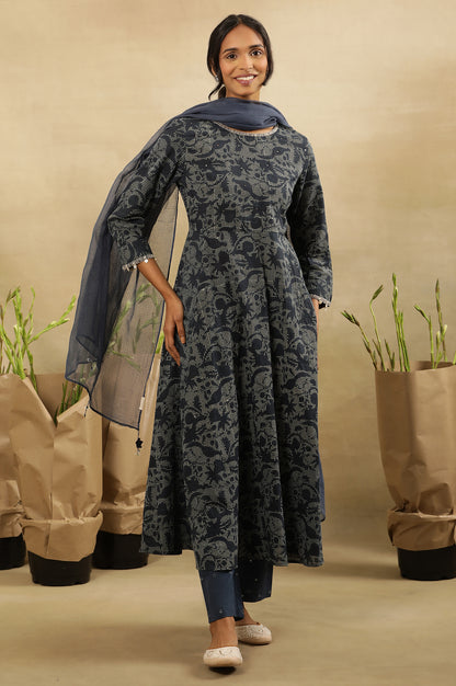 Indigo Hand Block Print Flared Kurta In Cotton Voile