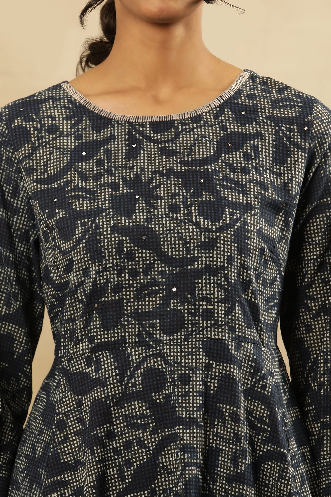 Indigo Hand Block Print Flared Kurta In Cotton Voile