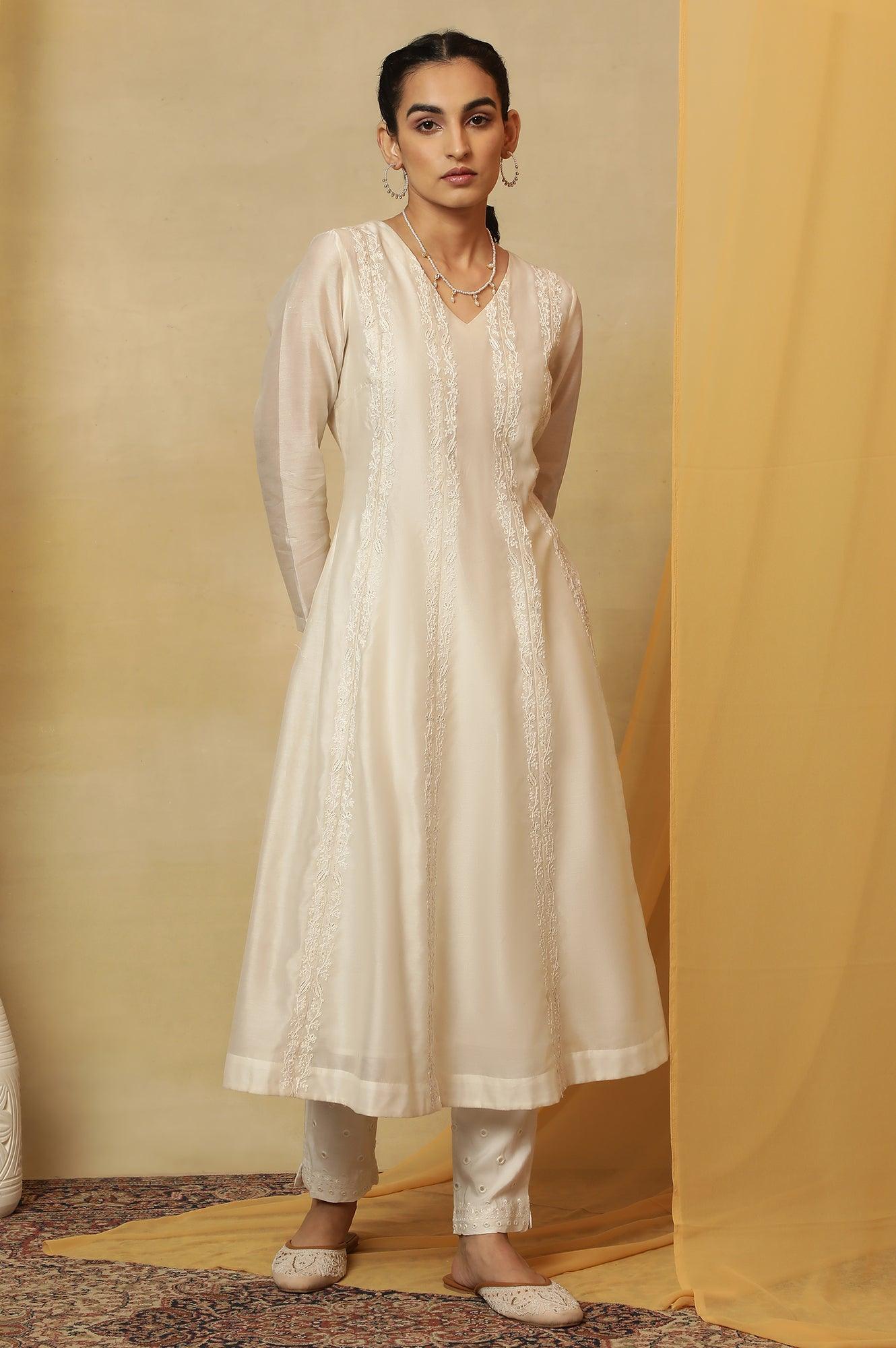 Off White Dori Embroidered Panelled Kurta - wforwoman