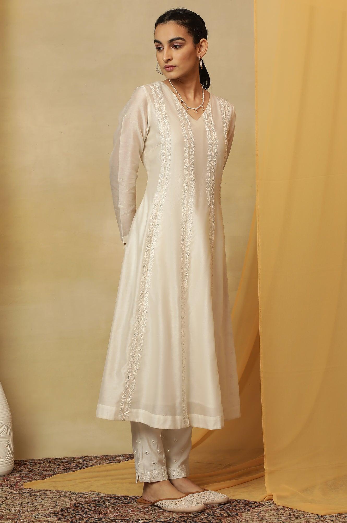 Off White Dori Embroidered Panelled Kurta - wforwoman