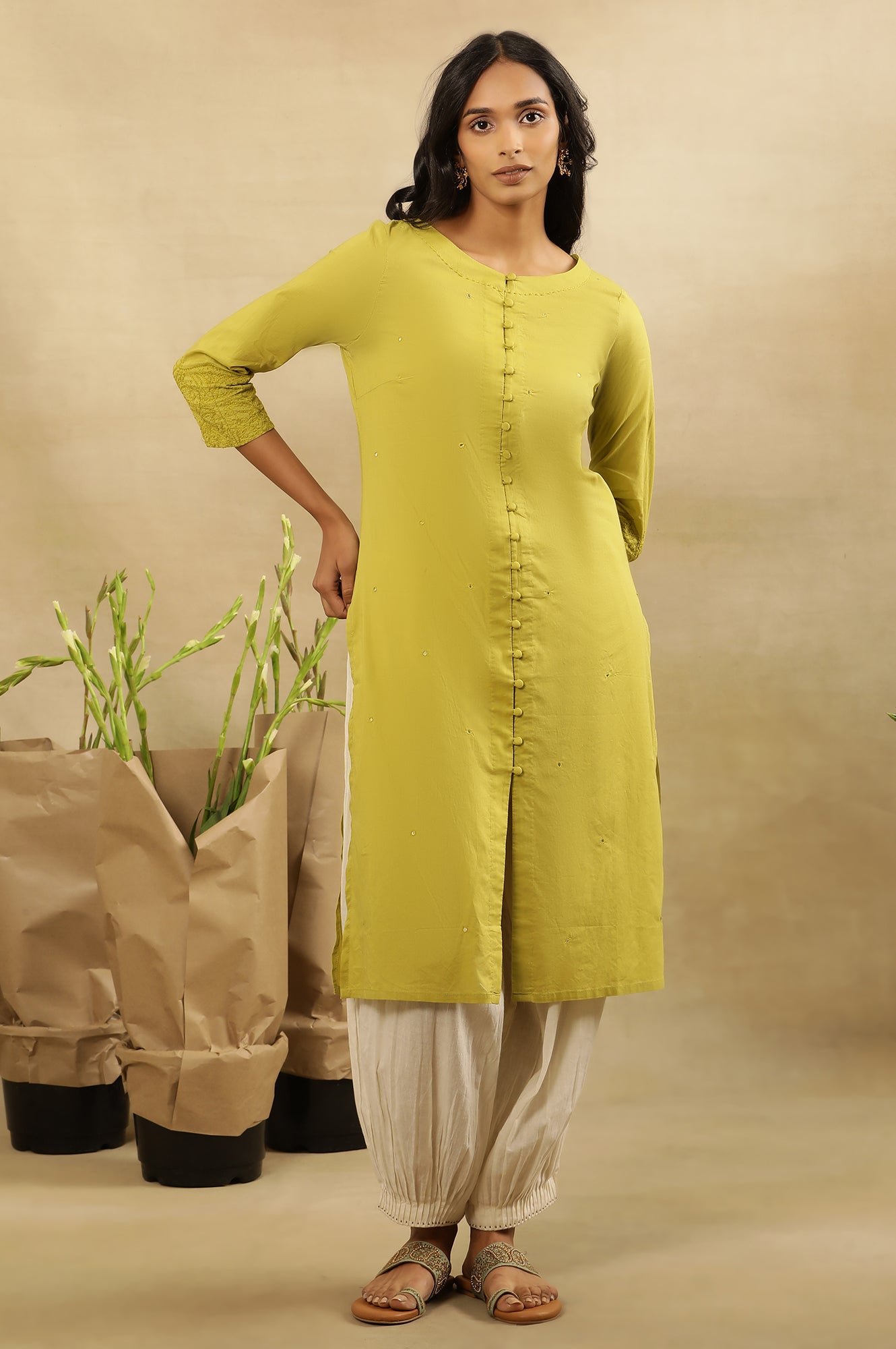 Green Chikankari Shirt Kurta In Cotton Voile