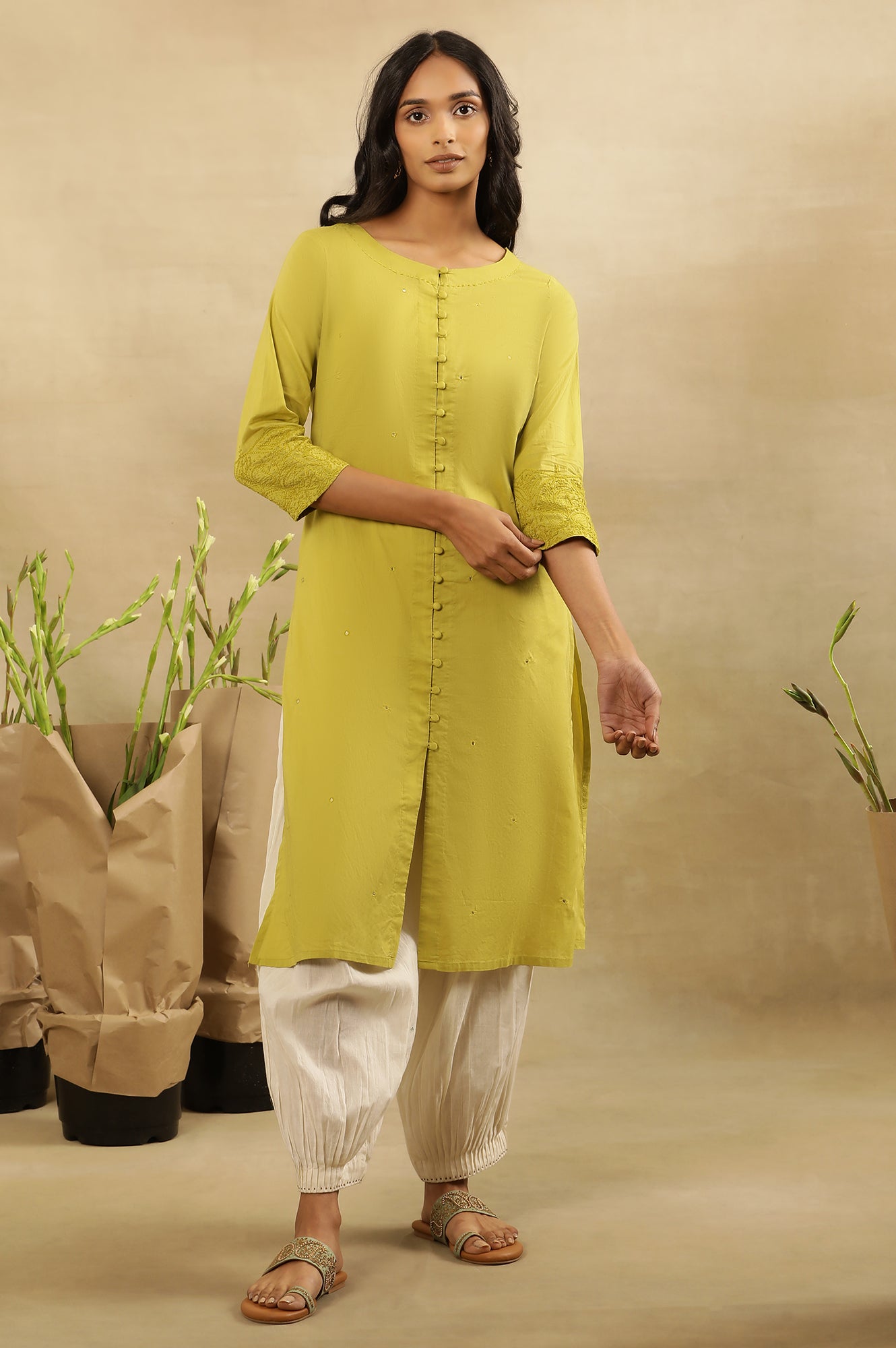 Green Chikankari Shirt Kurta In Cotton Voile