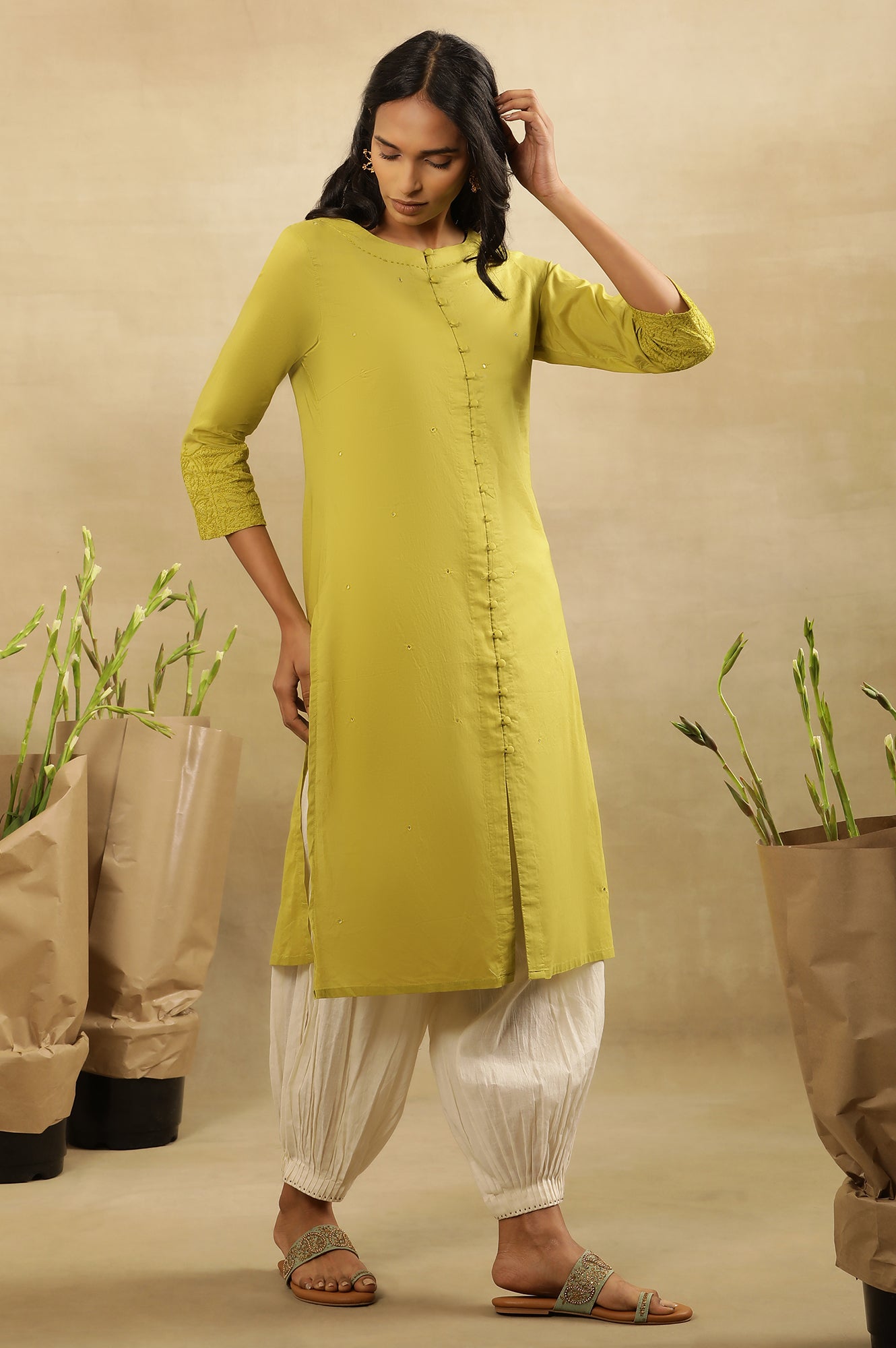 Green Chikankari Shirt Kurta In Cotton Voile