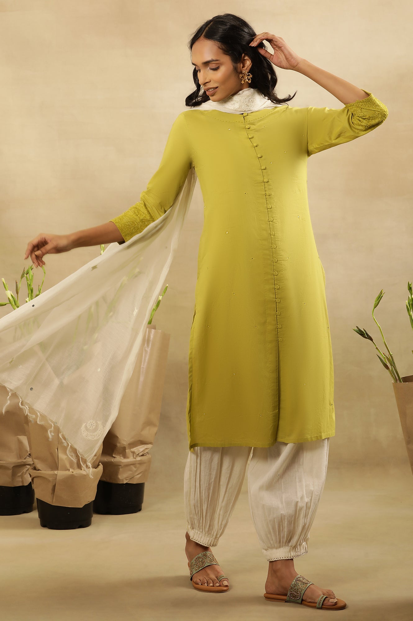 Green Chikankari Shirt Kurta In Cotton Voile