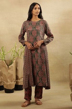 Jungle Green Block Printed Panelled Flared Kurta