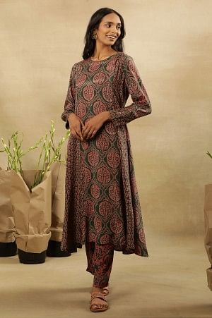 Jungle Green Block Printed Panelled Flared Kurta