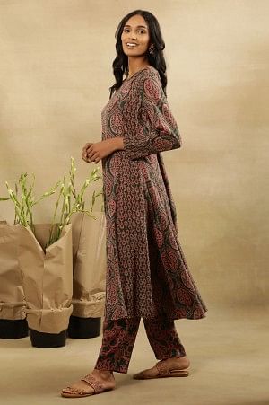 Jungle Green Block Printed Panelled Flared Kurta