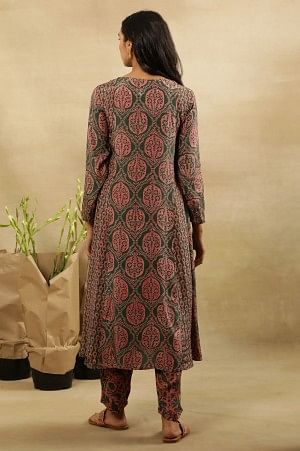 Jungle Green Block Printed Panelled Flared Kurta