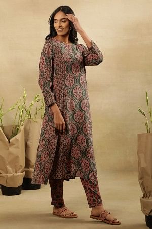 Jungle Green Block Printed Panelled Flared Kurta