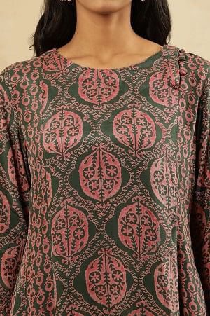 Jungle Green Block Printed Panelled Flared Kurta