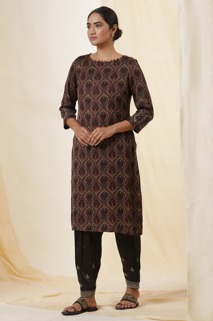 Black Ajrakh Print Kurta In Lustrous Satin