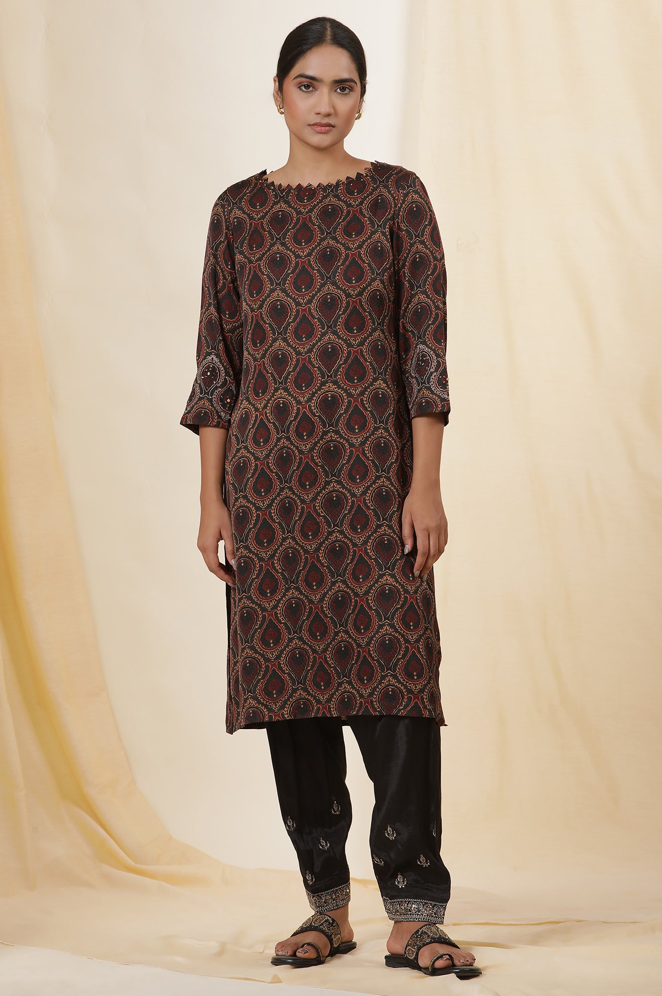 Black Ajrakh Print Kurta In Lustrous Satin