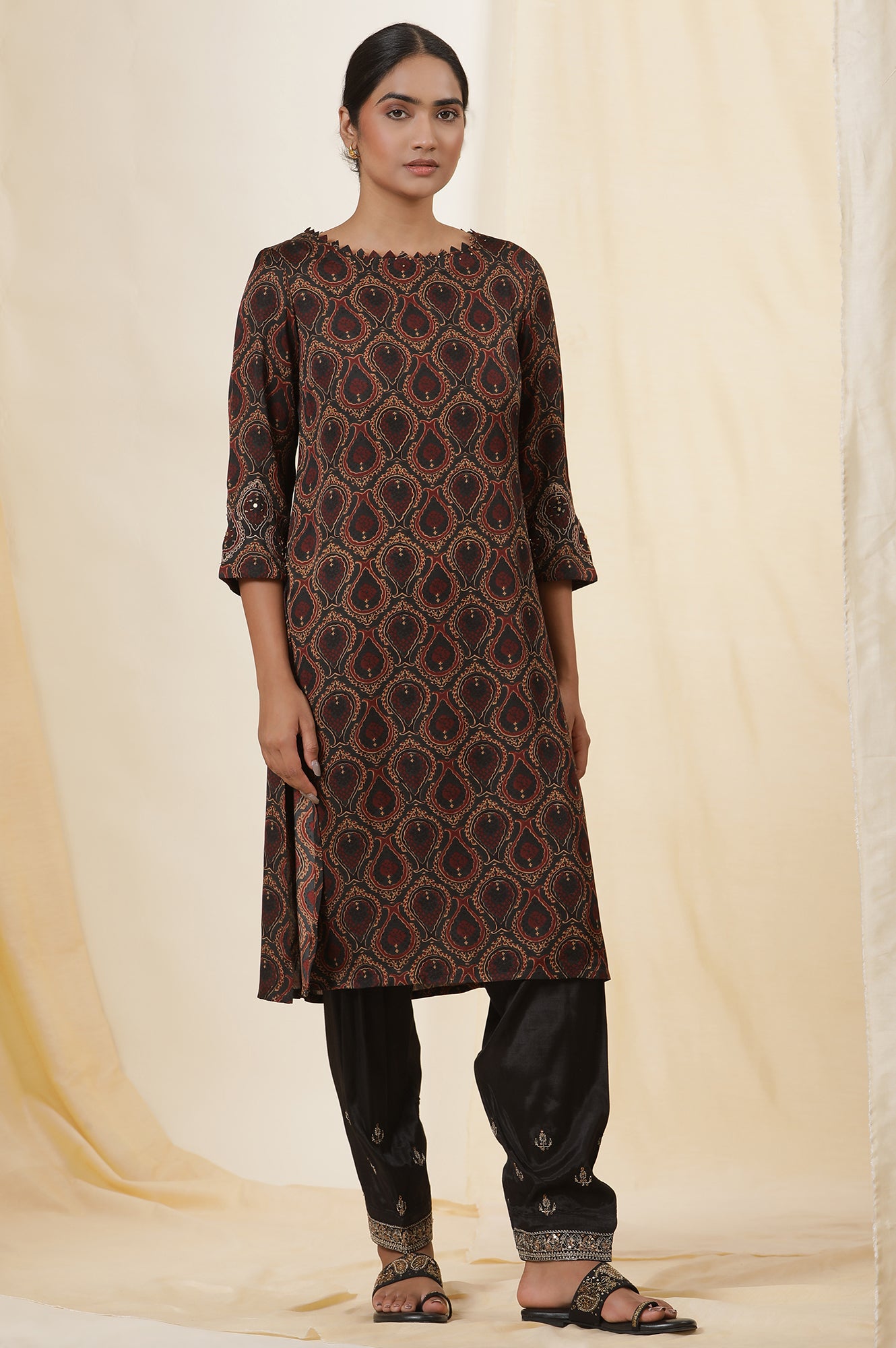 Black Ajrakh Print Kurta In Lustrous Satin