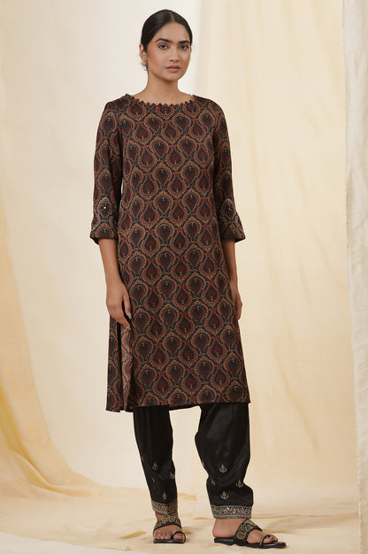 Black Ajrakh Print Kurta In Lustrous Satin