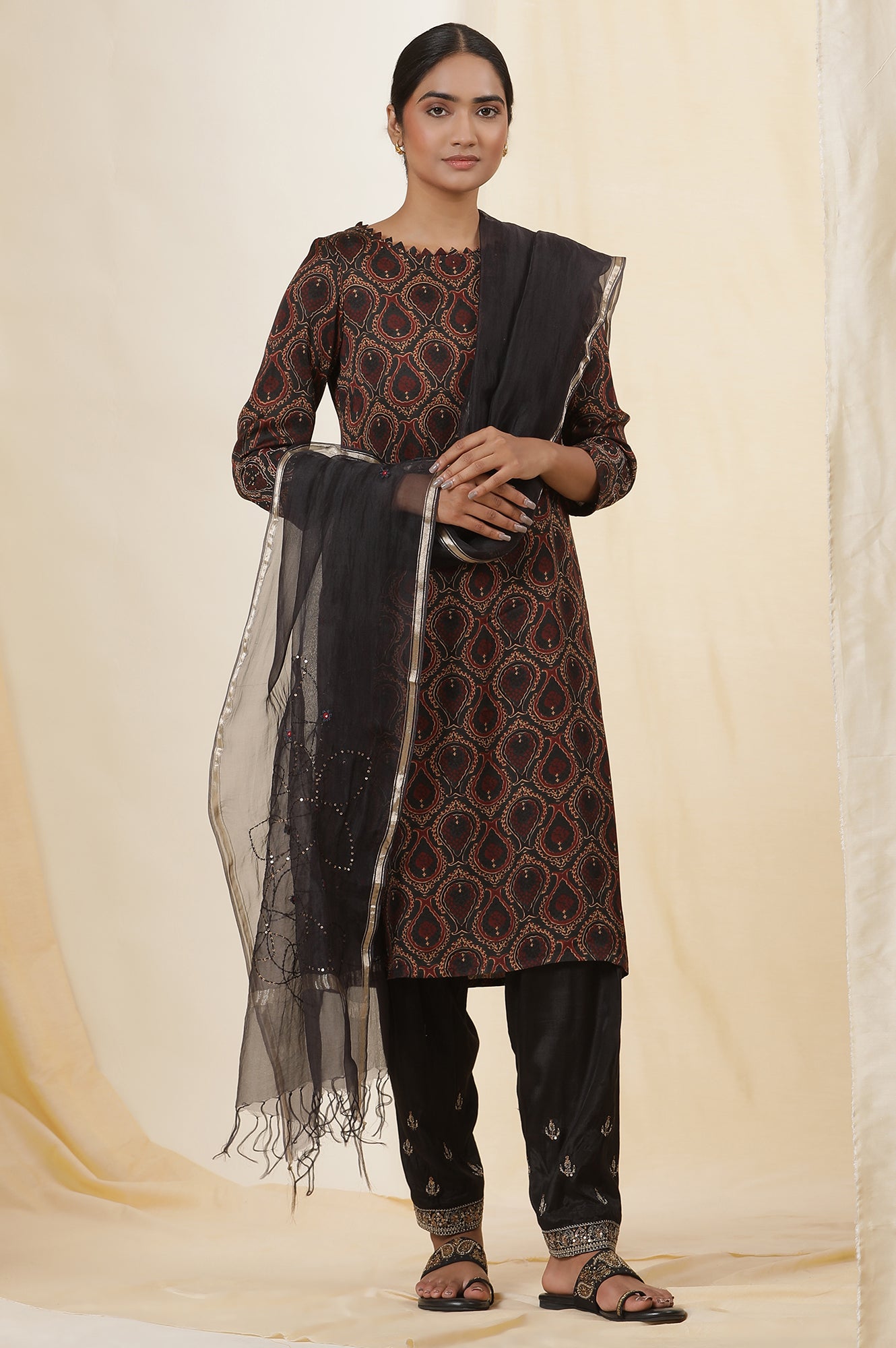 Black Ajrakh Print Kurta In Lustrous Satin