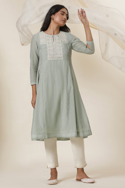 Pastel Green Applique Work Kurta In Silk Chanderi