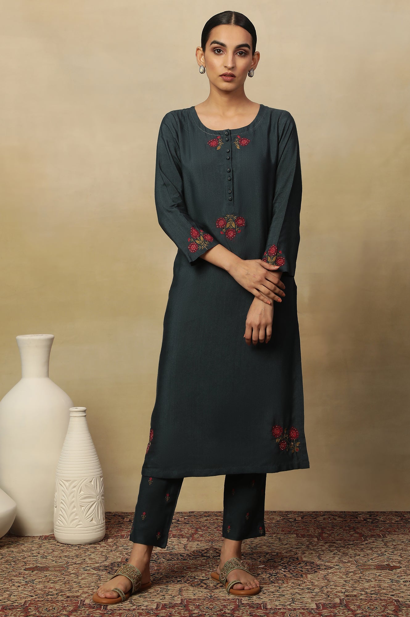 Blue Tussar Embroidered Kurta