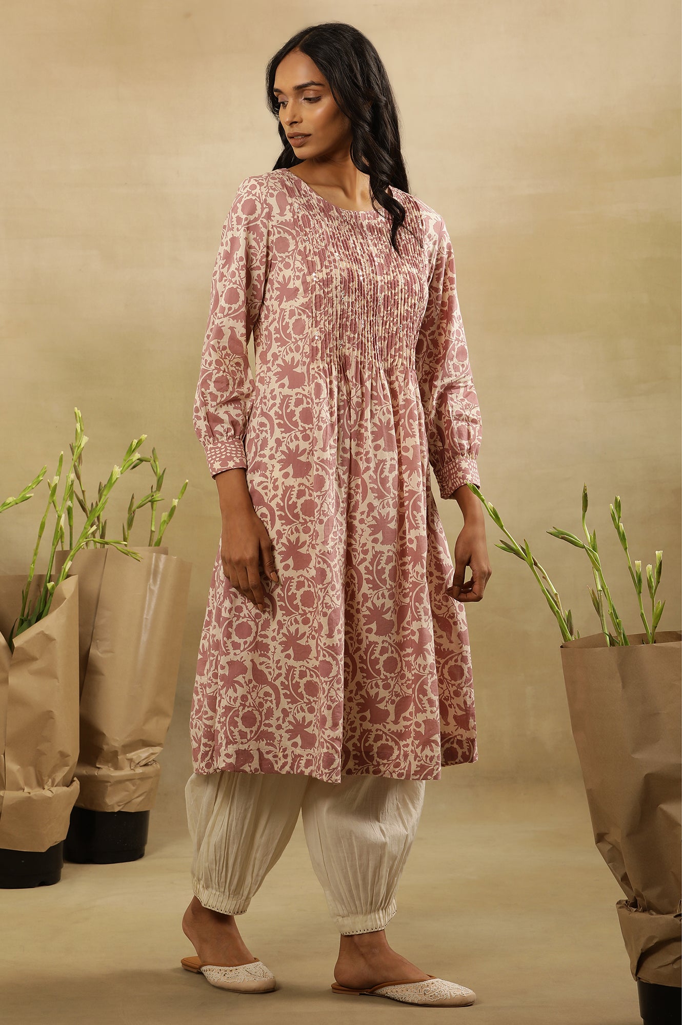 Pink Block Print Pleated Kurta In Cotton Voile