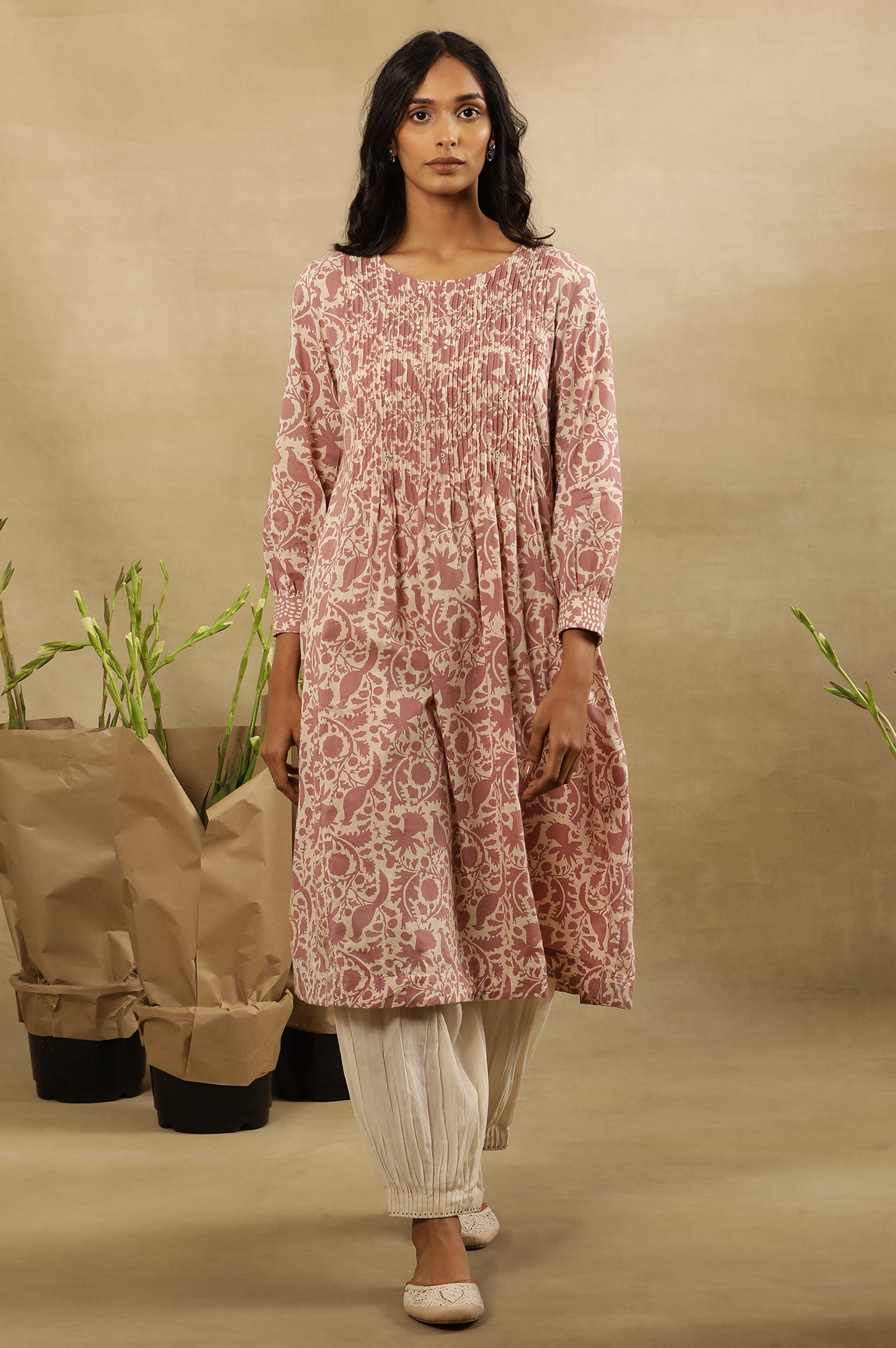 Pink Block Print Pleated Kurta In Cotton Voile