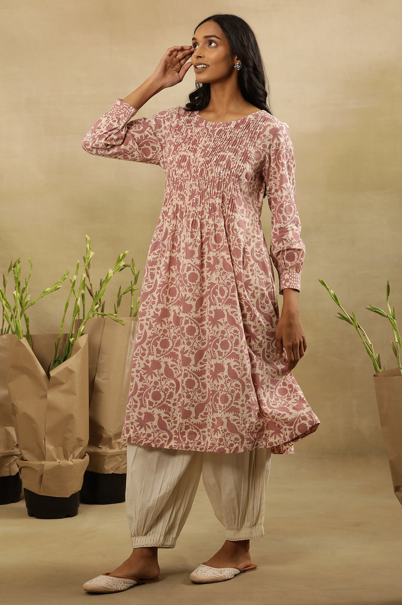 Pink Block Print Pleated Kurta In Cotton Voile