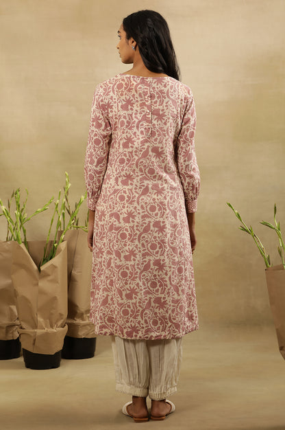 Pink Block Print Pleated Kurta In Cotton Voile