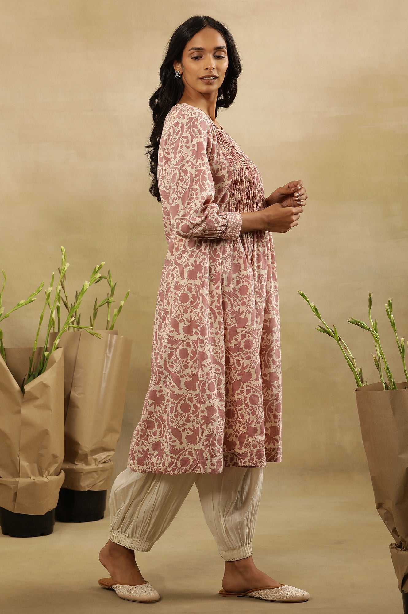 Pink Block Print Pleated Kurta In Cotton Voile