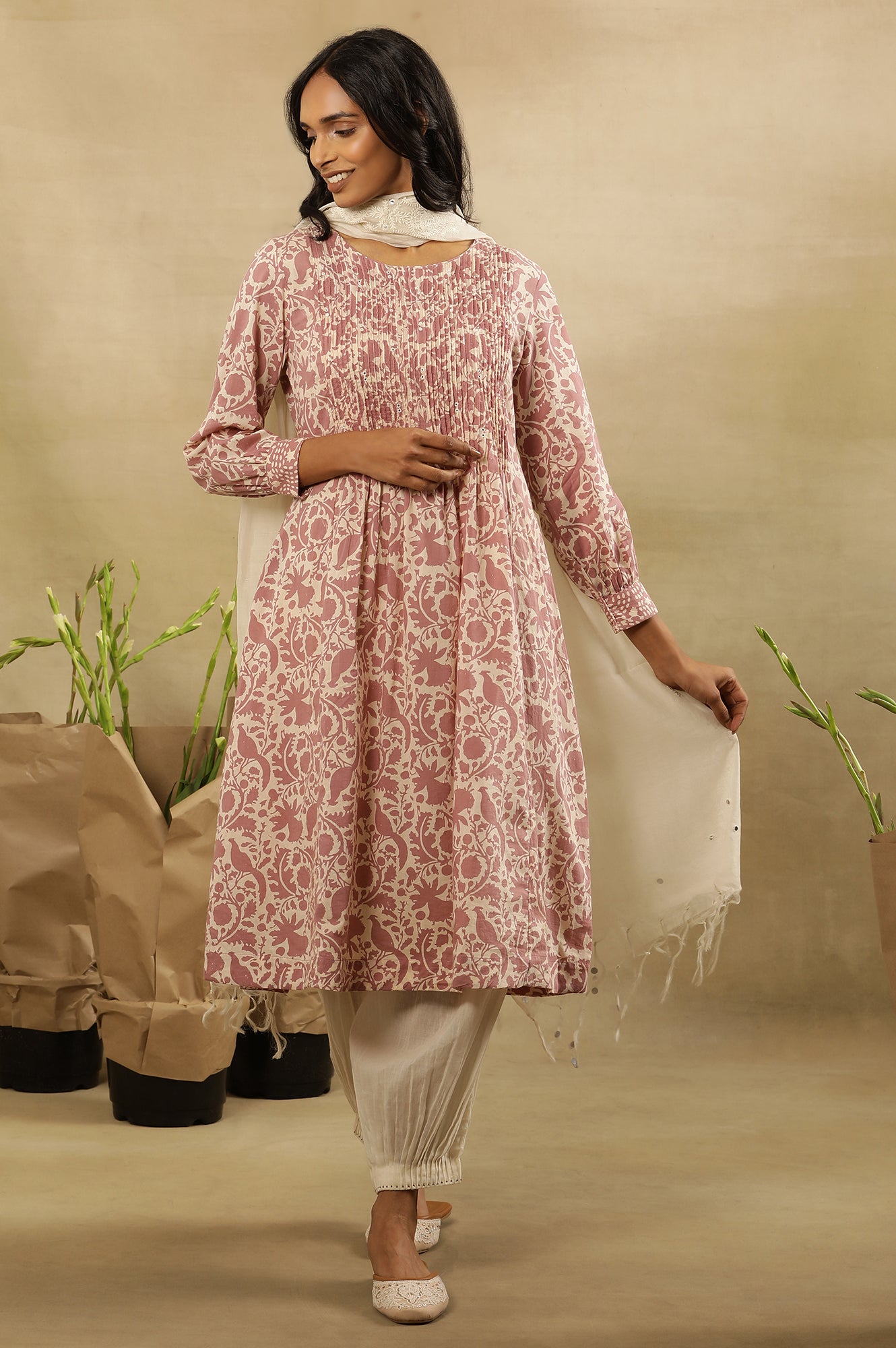 Pink Block Print Pleated Kurta In Cotton Voile