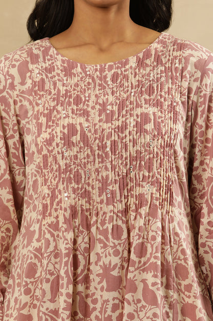 Pink Block Print Pleated Kurta In Cotton Voile