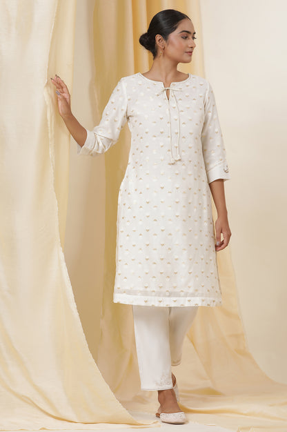 Ecru Mettalic Dori Embroidered Kurta And Straight Pants Set