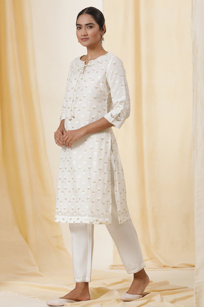 Ecru Mettalic Dori Embroidered Kurta And Straight Pants Set