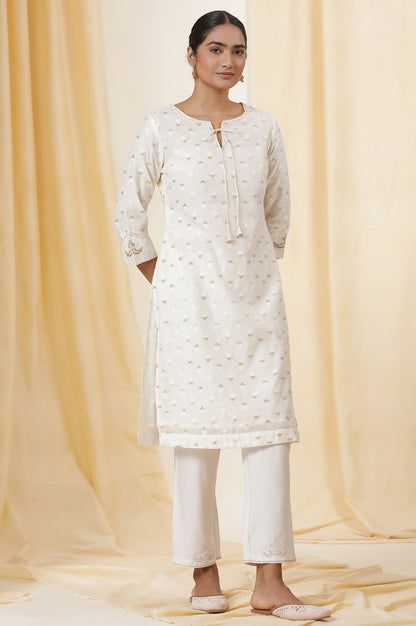 Ecru Mettalic Dori Embroidered Kurta And Straight Pants Set