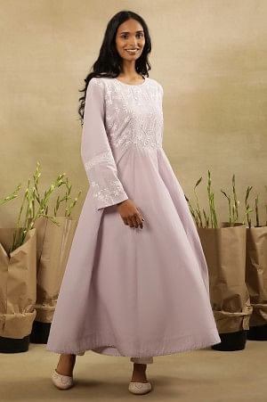 Lilac Chikankari Anarkali Kurta  In Cotton Voile