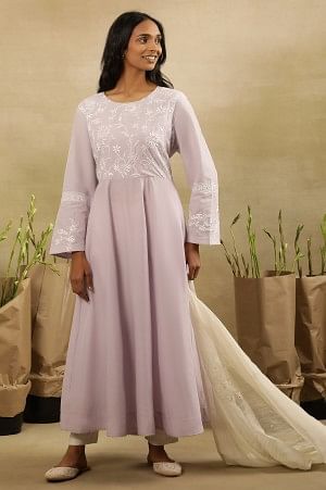 Lilac Chikankari Anarkali Kurta  In Cotton Voile