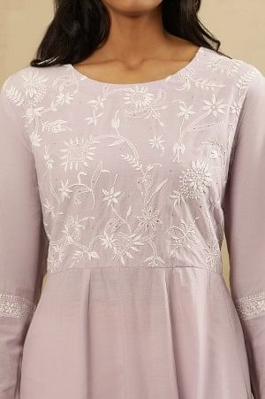 Lilac Chikankari Anarkali Kurta  In Cotton Voile