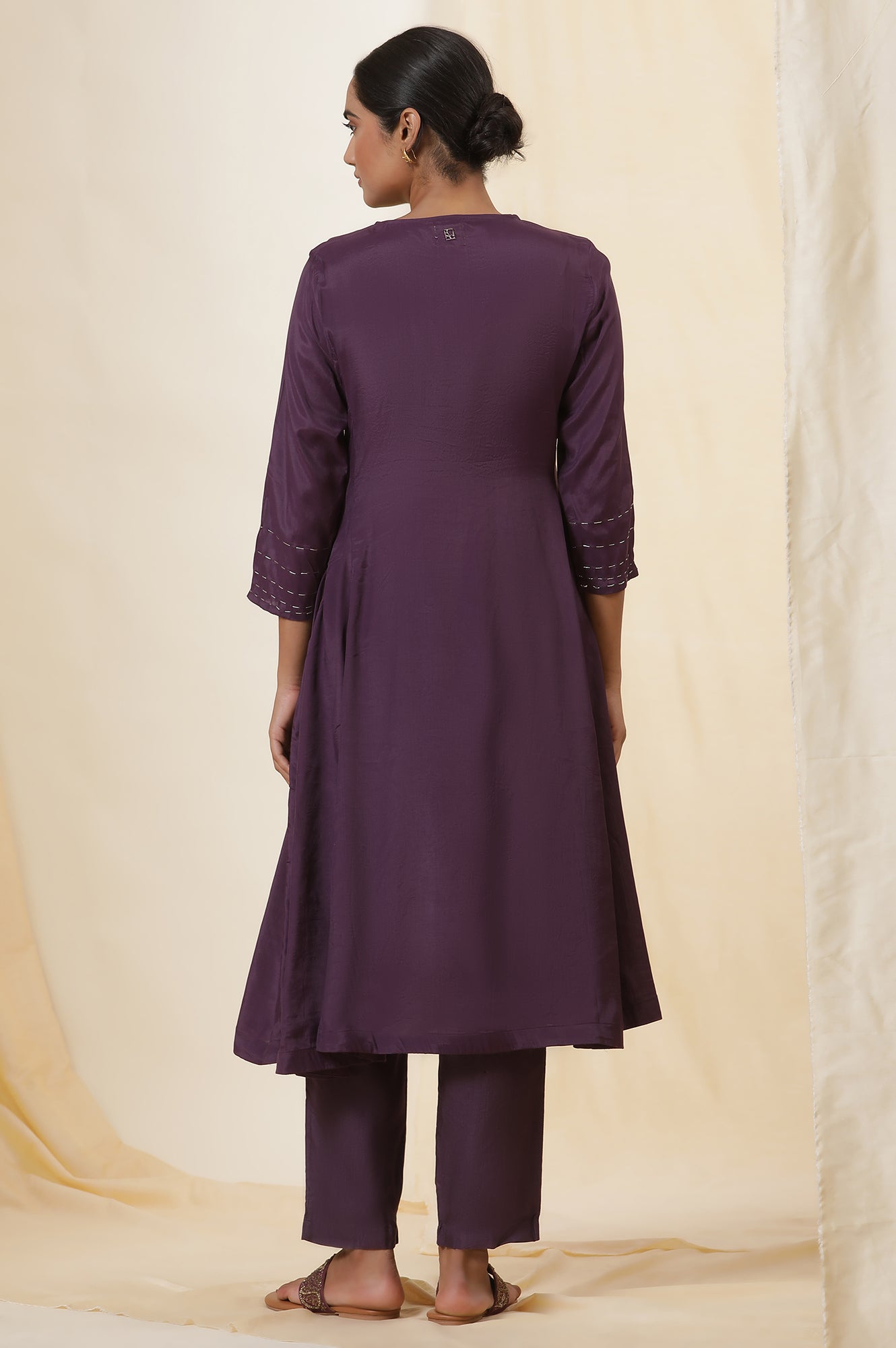 Purple Jacquard Yoke Flared Kurta With Neck Tie-Up