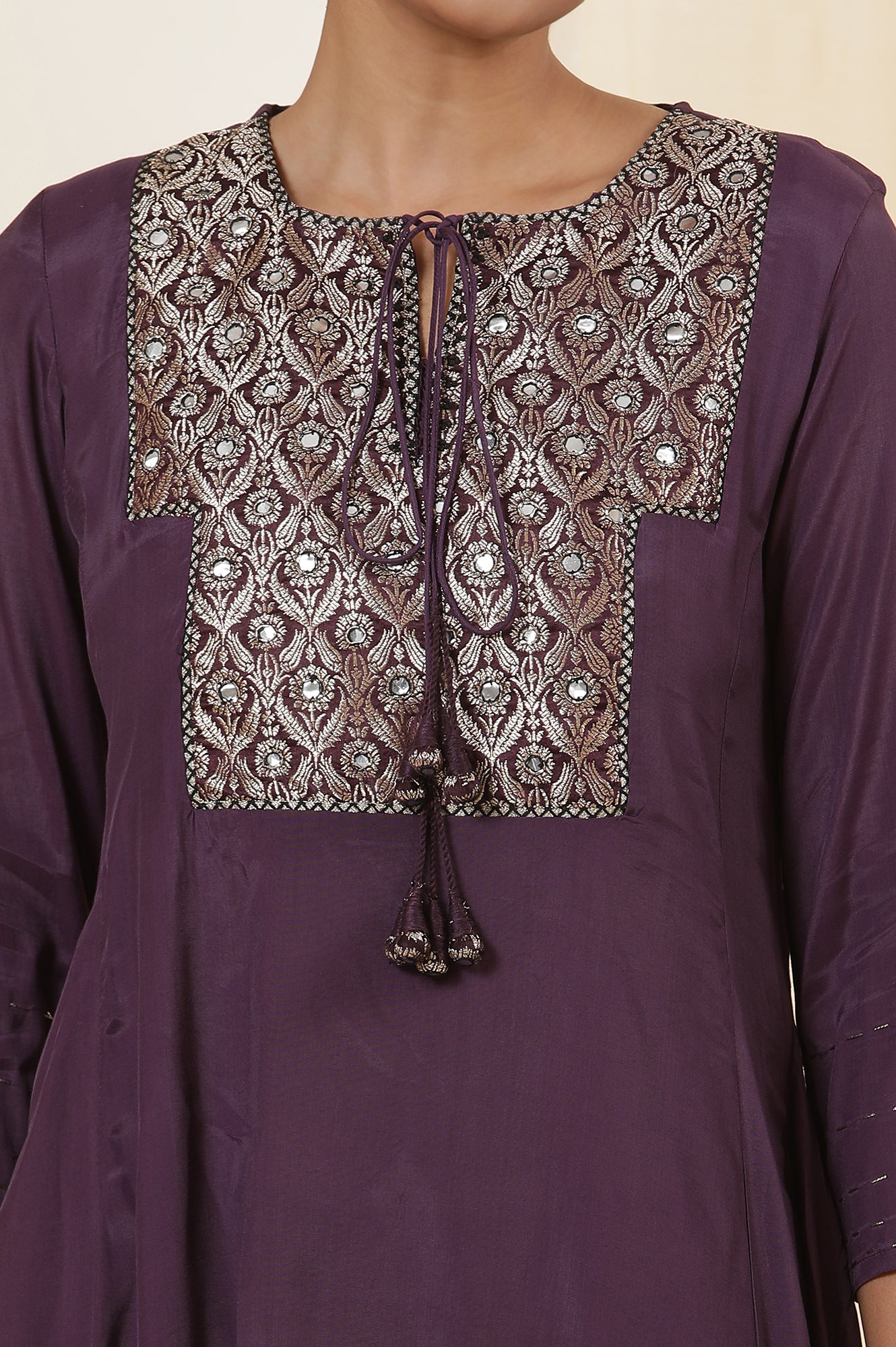 Purple Jacquard Yoke Flared Kurta With Neck Tie-Up