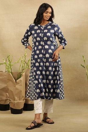 Dark Blue Dabu Block Printed Shirt Dress Kurta In Cotton Voile - wforwoman