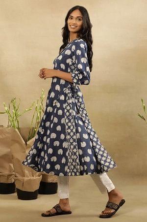 Dark Blue Dabu Block Printed Shirt Dress Kurta In Cotton Voile - wforwoman