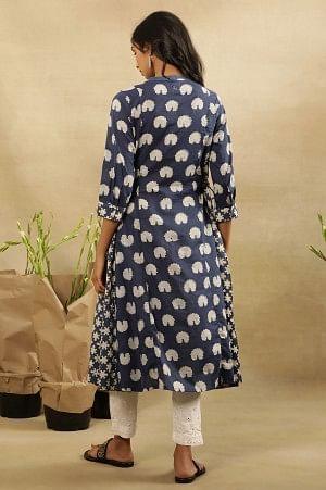 Dark Blue Dabu Block Printed Shirt Dress Kurta In Cotton Voile - wforwoman