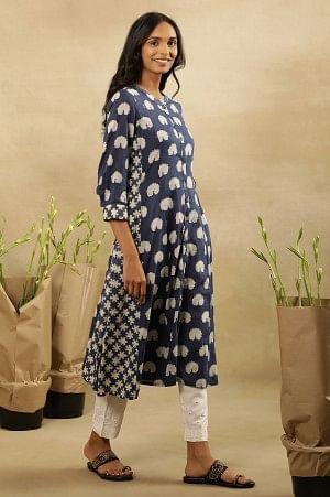 Dark Blue Dabu Block Printed Shirt Dress Kurta In Cotton Voile - wforwoman