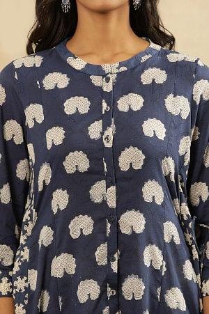 Dark Blue Dabu Block Printed Shirt Dress Kurta In Cotton Voile - wforwoman