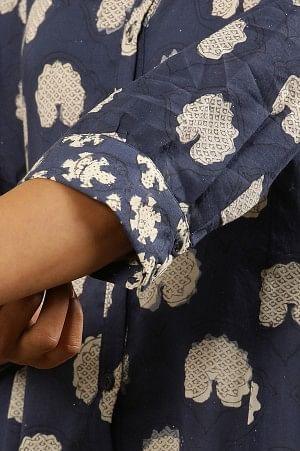 Dark Blue Dabu Block Printed Shirt Dress Kurta In Cotton Voile - wforwoman