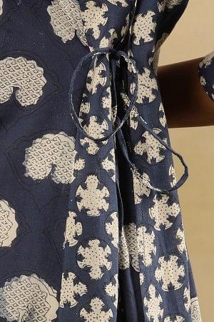 Dark Blue Dabu Block Printed Shirt Dress Kurta In Cotton Voile - wforwoman