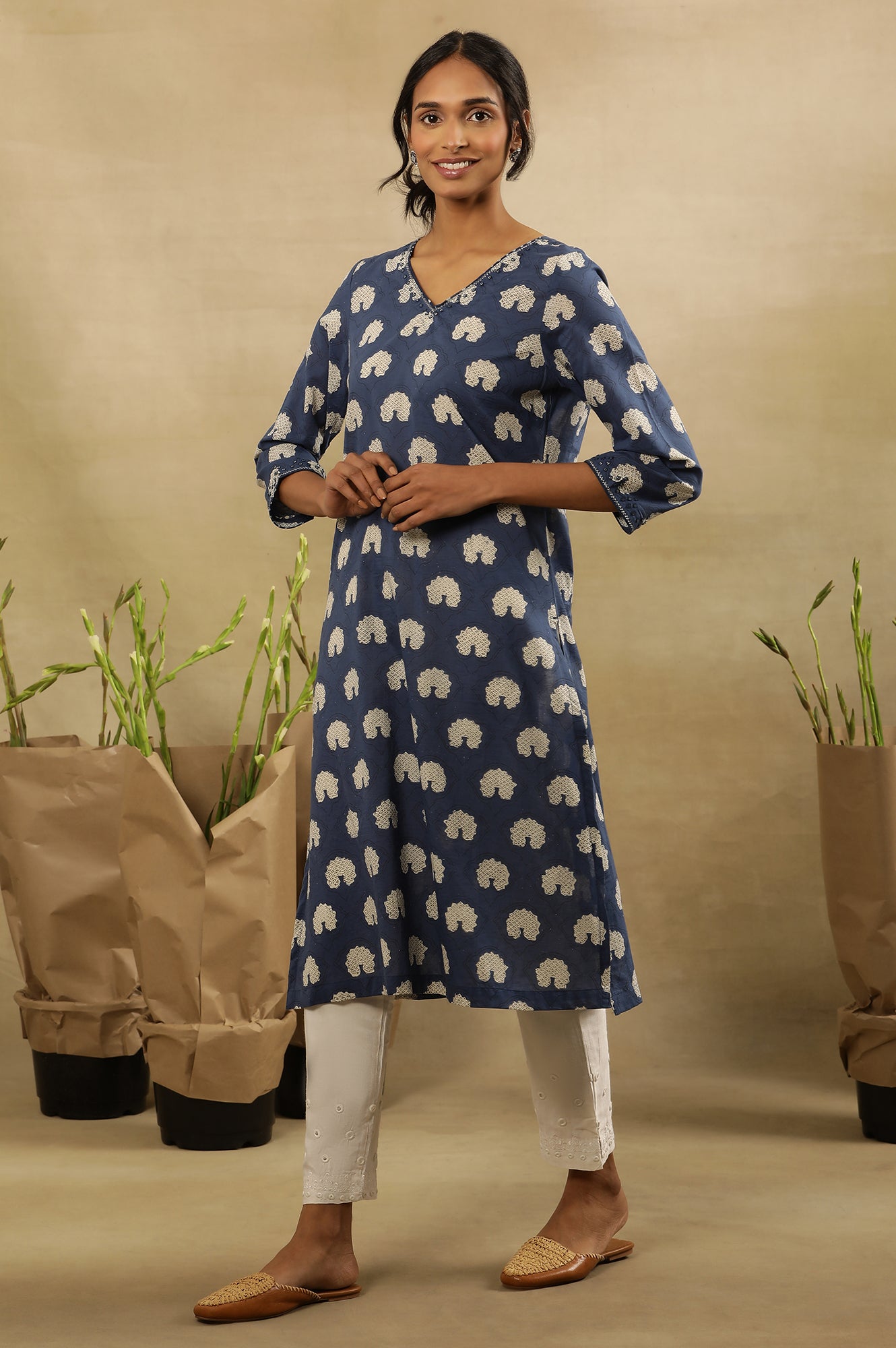 Dark Blue Dabu Block Printed V-Neck Kurta